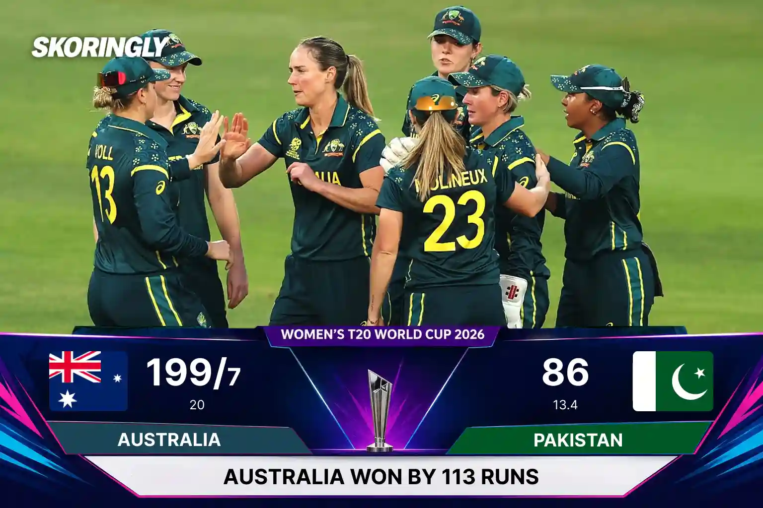 Australia Women vs Pakistan Women Result, ICC Women's T20 World Cup 2026: Ellyse Perry Stars in Massive 113-Run Win at Headingley