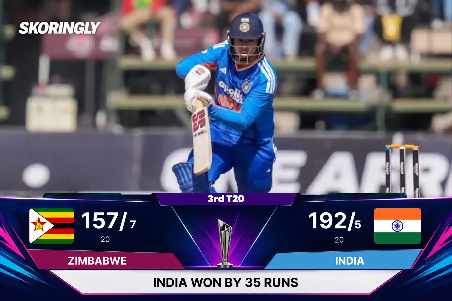 India Beat Zimbabwe by 35 Runs, IND vs ZIM 3rd T20I Result, Full Scorecard & Match Summary (India Tour of Zimbabwe 2026)