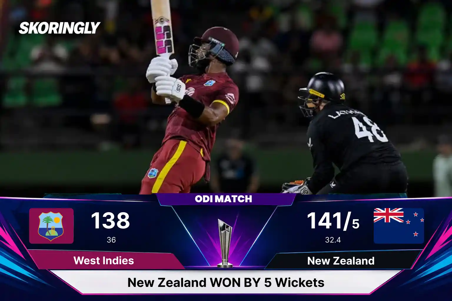 WI vs NZ 2nd ODI Result, Scorecard, Match Summary: New Zealand Beat West Indies by 5 Wickets to Level Series 1-1 (New Zealand Tour of West Indies)