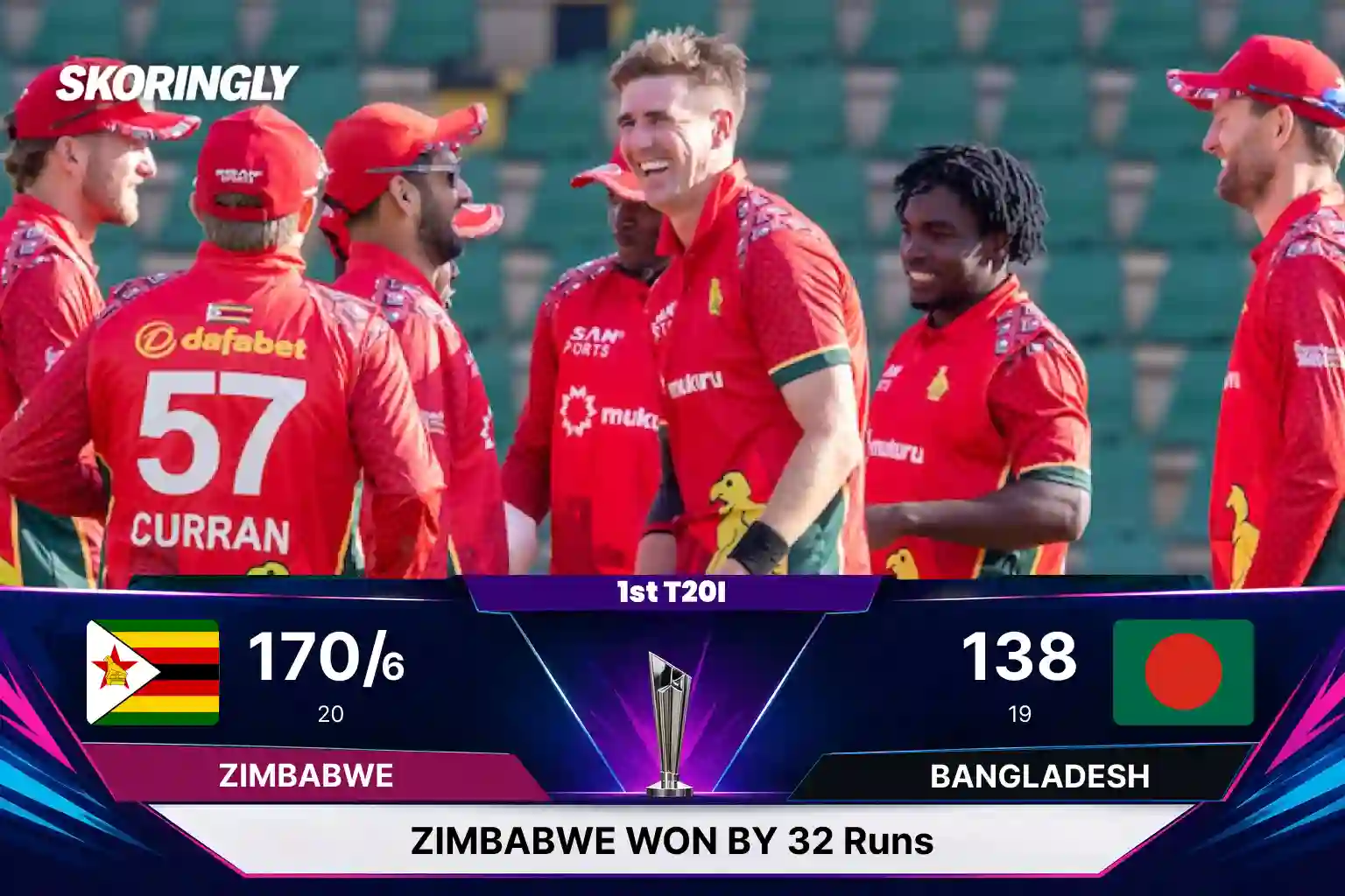 ZIM vs BAN 1st T20I Result: Zimbabwe Beat Bangladesh by 32 Runs, Take 1-0 Lead (Full Scorecard & Match Summary)