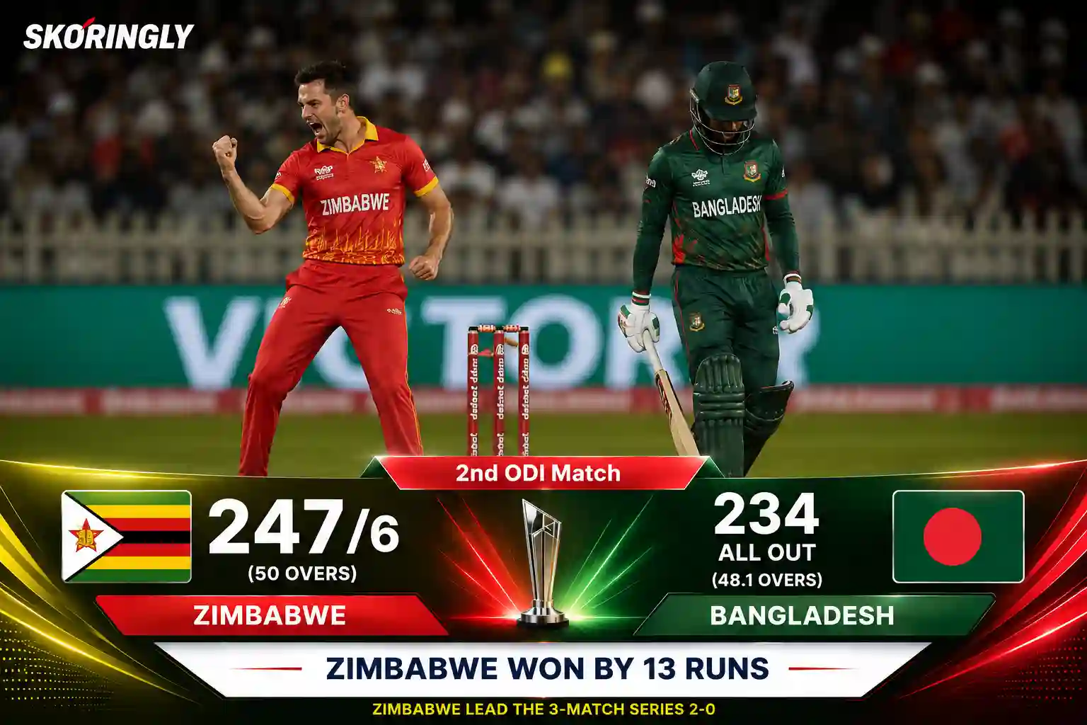 Zimbabwe Defeat Bangladesh by 13 Runs | ZIM vs BAN 2nd ODI Match Result 2026 | Full Scorecard and Match Summary (Bangladesh Tour of Zimbabwe)