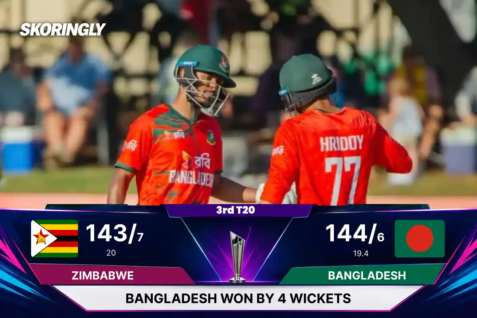 ZIM vs BAN 3rd T20I Result: Bangladesh Beat Zimbabwe by 4 Wickets, Win T20I Series 2-1 (Full Scorecard & Match Summary)